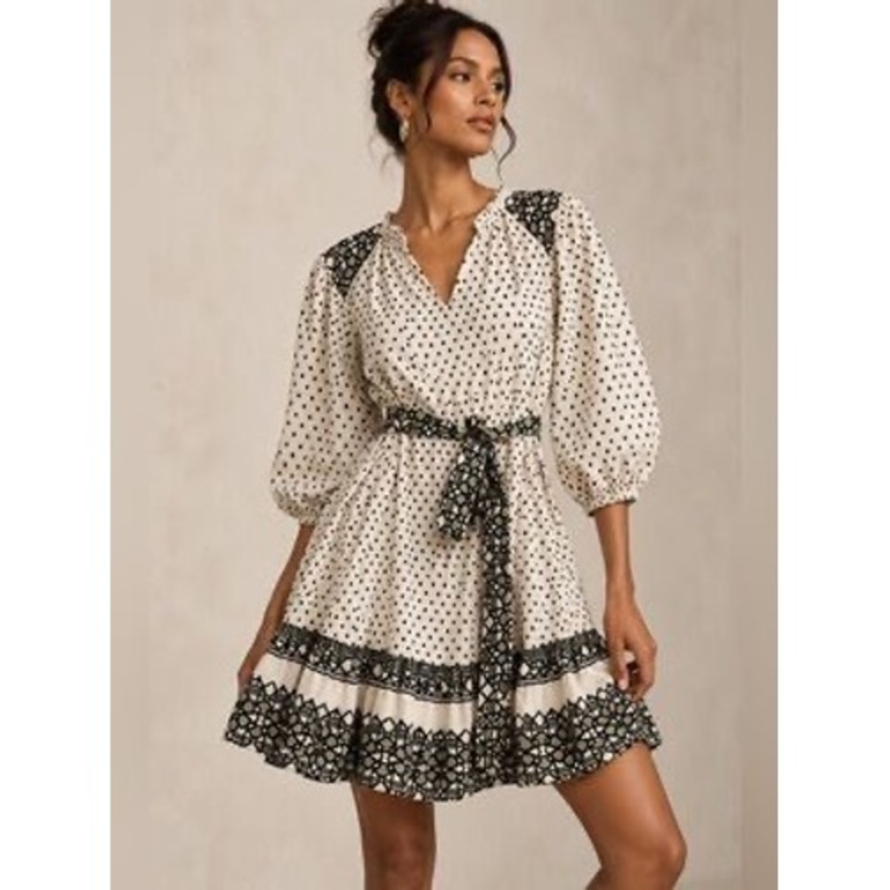 Knox Rose Womens XS Cream Black Polka Dot Boho Geometric Balloon Sleeve Dress